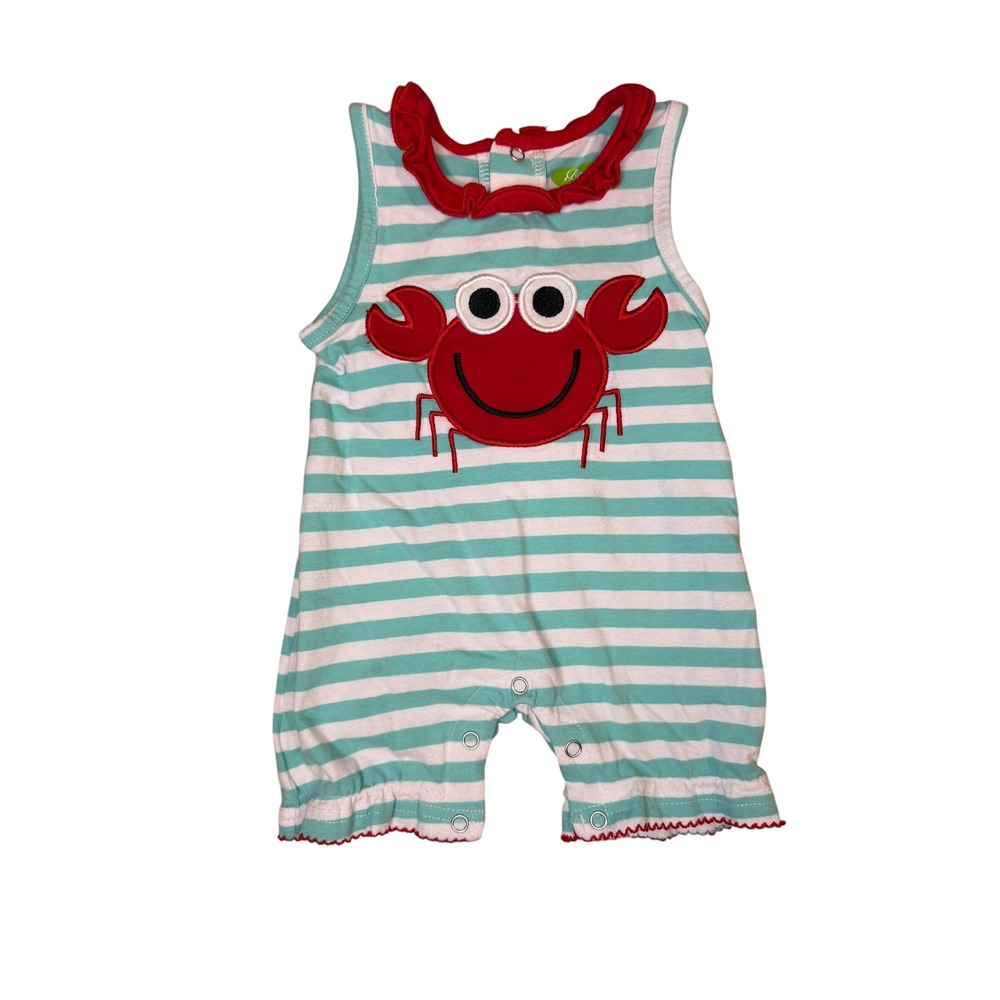 Be Mine Romper Baby Girls 6M Teal Striped Excellent Crab Applique Cotton Knit